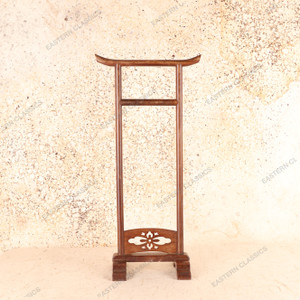 Antique Japanese Towl Hanger Kake Mono Tate With Torii Inspired Top Carved Floral Panel — Sugi (SKU: 25S-418) - 