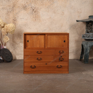 Antique Japanese Ko Tansu Small Chest With Sliding Hikido Door And Multiple Warabite Pull Drawers — Kiri (SKU: 25S-G432) - 1