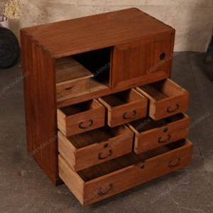 Antique Japanese Ko Tansu Small Chest With Sliding Hikido Door And Warabite Pull Drawers — Kiri (SKU: 25S-G435) -