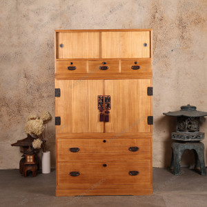 Antique Japanese 3-Section Kimono Tansu – Kiri Wood Chest with Sukashi-Bori Hardware, Sliding Hikido & Warabite Pulls, 1920, Taisho Era (SKU: 25S-A444) - 1