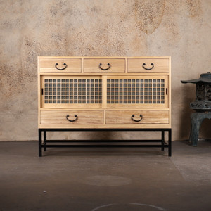 Japanese-Style Wooden Tansu Console — Glass Doors with Grids (Reproduction), (SKU: KB55-B)