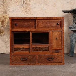 Antique Japanese Ko Tansu Small Chest With And Hikido Sliding Doors And Multi Sized Drawers — Glass (SKU: 25D-G427) - 