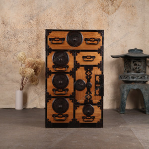 Antique Japanese Small Tansu Chest Heavy Hardware Round Lock Plates — Iron (SKU: 25D-G046) - 