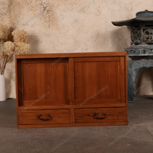 Antique Japanese Ko Tansu Small Chest With Hikido Sliding Door With Two Warabite Pull Drawers (SKU: 25D-G429) -