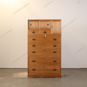 Antique Japanese Two Section Kimono Tansu Chest With Mon Hardware On Large Kannon Biraki Door And Drawers — Kiri (SKU:… -