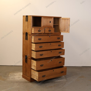 Antique Japanese Two Section Kimono Tansu Chest With Mon Hardware On Large Kannon Biraki Door And Drawers — Kiri (SKU:… -