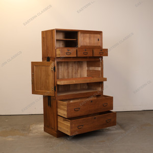 Antique Japanese Three Section Kimono Tansu Chest With Hikido Mon Kanagu On Kannon Door And Warabite Pull Drawers —… -