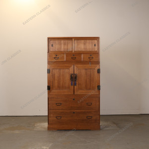 Antique Japanese Three Section Kimono Tansu Chest With Hikido Mon Kanagu On Kannon Door And Warabite Pull Drawers —… -