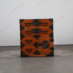 Vintage Japanese Ko Tansu Small Chest With Distinctive Floral Kanagu Hardware Drawers (SKU: 25D-G002) - 