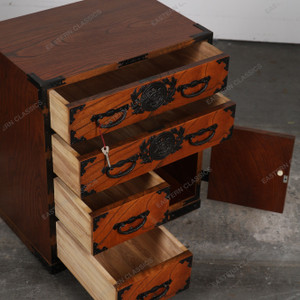 Vintage Japanese Ko Tansu Small Chest With Distinctive Floral Kanagu Hardware Drawers (SKU: 25D-G002) - 