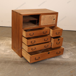 Antique Japanese Ko Tansu Small Chest With Floral Motif Hikido Sliding Door And Multi Sized Drawers (SKU: 25D-G006) - 
