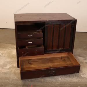 Antique Japanese Ko Tansu Small Chest With Hikido Sliding Door And A Warabite Kanagu Hardware Drawer (SKU: 25D-G407) -