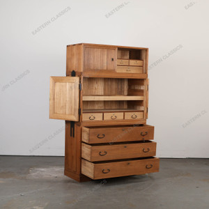 Antique Japanese Three Section Kimono Tansu Chest With Hikido Sliding Door Kannon Door And Warabite Pull Drawers (SKU:… - 