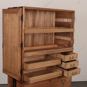 Antique Japanese Two Section Kimono Tansu Chest With Large Kannon Biraki Door And Three Warabite Pull Drawers (SKU:… - 