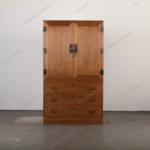 Antique Japanese Two Section Kimono Tansu Chest With Mon Hardware On Large Kannon Biraki Door And Drawers — Kiri (SKU:… - 