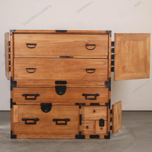 Antique Japanese Two Section Kimono Tansu Chest With Distinctive Kanagu Hardware On Kannon And Katabiraki Door Two… - 