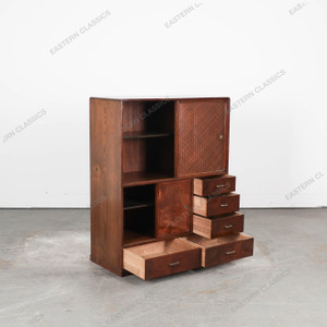 Vintage Japanese Cha Tansu Tea Chest With Large Woven Panel Hikido Door And Multi Sized Drawers (SKU: 25D-C416) - 