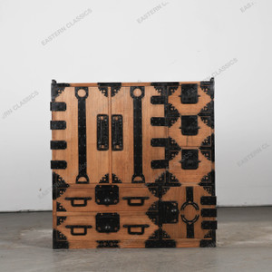 Antique Japanese Choba Tansu Merchant Chest With Distinctive Hardware On Kannon Biraki Door And Multi Sized Kakute Pull… - 