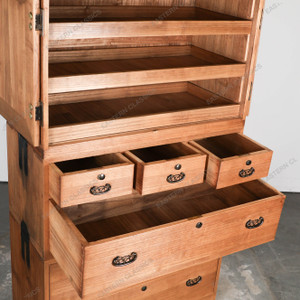 Antique Japanese Three Section Kimono Tansu Chest With Mon Sukashi Bori And Warabite Pull Kanagu Hardware — Kiri (SKU:… -