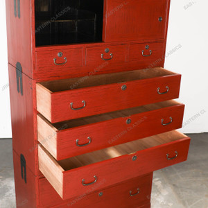 Antique Japanese Three Section Red Kimono Tansu Chest With Hikido Sliding Door Small Drawers And Full Width Drawers… - 