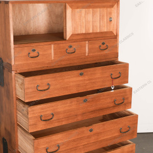 Antique Japanese Three Section Kimono Tansu Chest With Hikido And Eight Multi Sized Warabite Pull Drawers (SKU:… - 