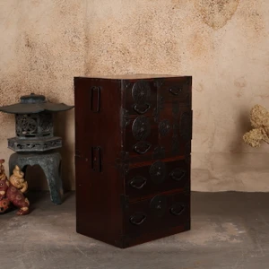 Antique Japanese Small Tansu Chest Elaborate Hardware Round Lock Plates — Iron (SKU: 25D-G048) -