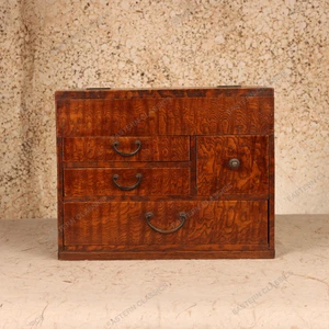 Antique Japanese Tamo Ash Haribako Sewing Box with Hinged Lid and Drawers, Taisho era, 1912-1926 | SKU: 26M-859 -2