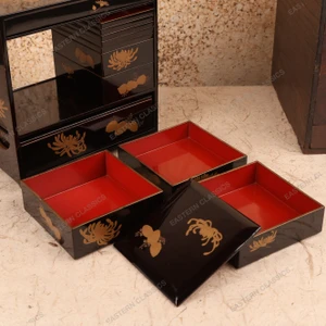 Antique Japanese Kiku Maki-e Lacquer Jubako Set with Tomobako, Taisho Era (1912-1926) | SKU: 26M-875 - 2