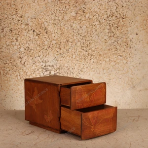 Vintage Japanese Kobako Two-Drawer Keepsake Box with Pyrography Butterfly Motif, Early Showa (1927-1945) | SKU: 26M-871-1 -2
