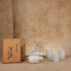Vintage Japanese Blue-and-White Porcelain Kyusu and Yunomi Tea Set with Ami Lattice Pattern and Signed Tomobako, Heisei period (1990-2018) | SKU: 26M-073 -1