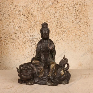 Vintage Japanese Bronze Kannon Bosatsu on Shishi Figurine, Early Showa (1927-1945) | SKU: 26M-880-1 -1