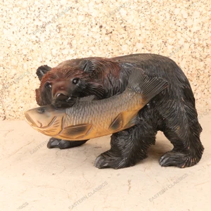 Vintage Japanese Carved Wood Bear with Salmon Sculpture (Hokkaido Kuma Carving), Showa Era 1966-1989 | SKU: 26M-751-3 -2