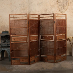 Vintage Japanese Four-Panel Folding Screen with Storage Drawers and Bamboo Rails, Mid Showa (1946-1965) | SKU: 26M-740 -3