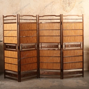 Vintage Japanese Four-Panel Folding Screen with Woven Reed Panels and Carved Swallow-and-Willow Motif, Mid Showa (1946-1965) | SKU: 26M-552 -1