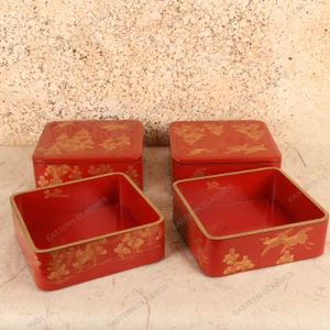 Vintage Japanese Red Lacquer Jubako Stacking Box Set with Gold Crane and Pine Decoration, Mid Showa 1946-1965 | SKU: 26M-567 -2