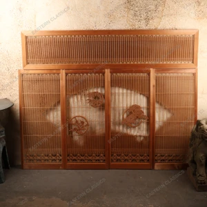 Vintage Japanese Kumiko Lattice Partition Panels with Sho-Chiku-Bai Carved Medallions, Early Showa (1927-1945) | SKU: 26J-0524-2 - 1