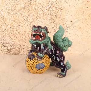 Vintage Japanese Porcelain Shishi Lion-Dog Figurine with Reticulated Brocade Ball, Late Showa 1966-1989 | SKU: 26J-0521 - 1