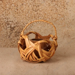 Vintage Japanese Bamboo Hanakago Flower Basket with Bamboo Tube Insert, Showa 1966-1989 | SKU: 26J-0731 - 1