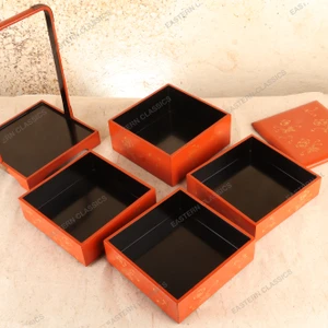 Vintage Japanese Red Lacquer Jubako Stacking Box Set with Carrying Stand, Mid-Showa 1946-1965 | SKU: 26J-0464 - 2