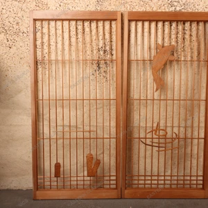 Vintage Japanese Shoji-Style Lattice Panels with Koi and Cattail Relief Carvings, Set of Four, Late Showa 1966-1989 | SKU: 26J-0226 - 2