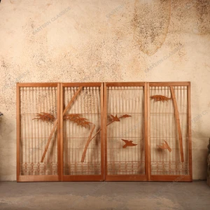 Vintage Japanese Ranma Lattice Transom Panels with Bamboo and Bird Carvings, Set of Four, Late Showa 1966-1989 | SKU: 26J-0538-1 - 1