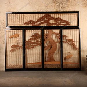 Vintage Japanese Ranma Architectural Panel Set with Pine and Crane Carvings, Mid Showa 1946-1965 | SKU: 26J-0842 - 1