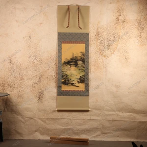 Vintage Japanese Kakejiku Hanging Scroll, Pagoda Landscape, Heisei 1990-2018 | SKU: 26J-0750 - 1