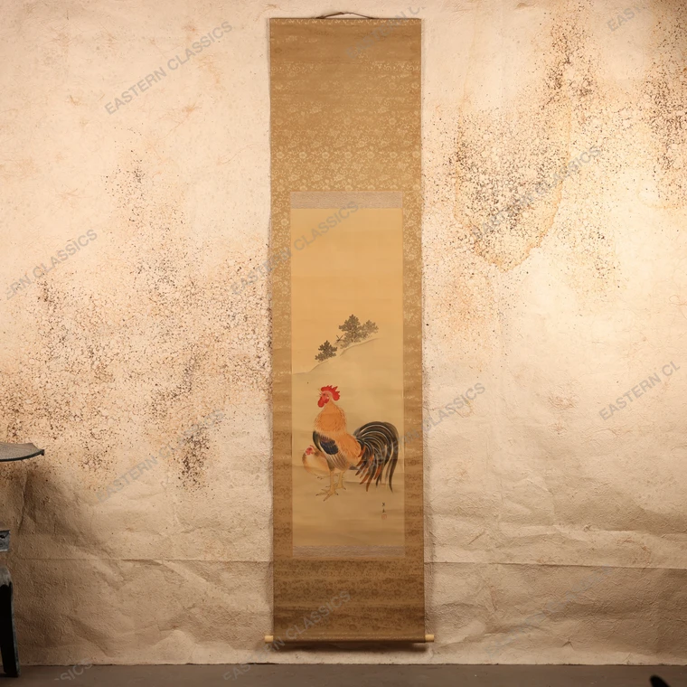 Vintage Japanese Kakejiku Hanging Scroll, Rooster and Hen with Pine Landscape, Late Showa 1966-1989 | SKU: 26J-0817-11 - 1