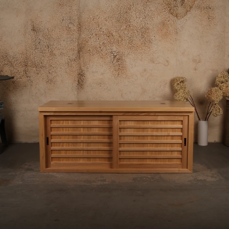 Japanese Style Wooden Shoe Bench with Sliding Slat Doors - 1