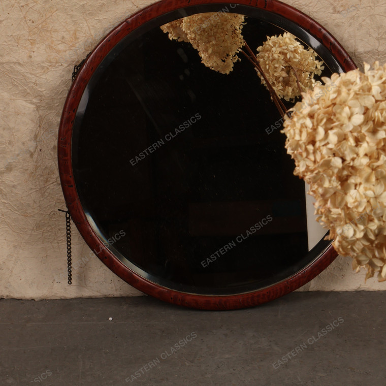 Vintage Japanese Round Lacquered Wood Mirror with Beveled Glass, Mid-Showa 1946-1965 | SKU: 26J-0581 - 1
