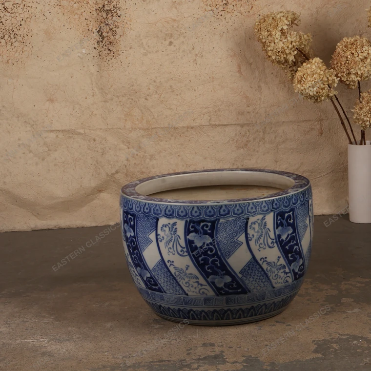 Antique Japanese Blue and White Porcelain Hibachi Basin with Phoenix and Diaper Panels, Meiji Period, circa 1868-1911 - 1