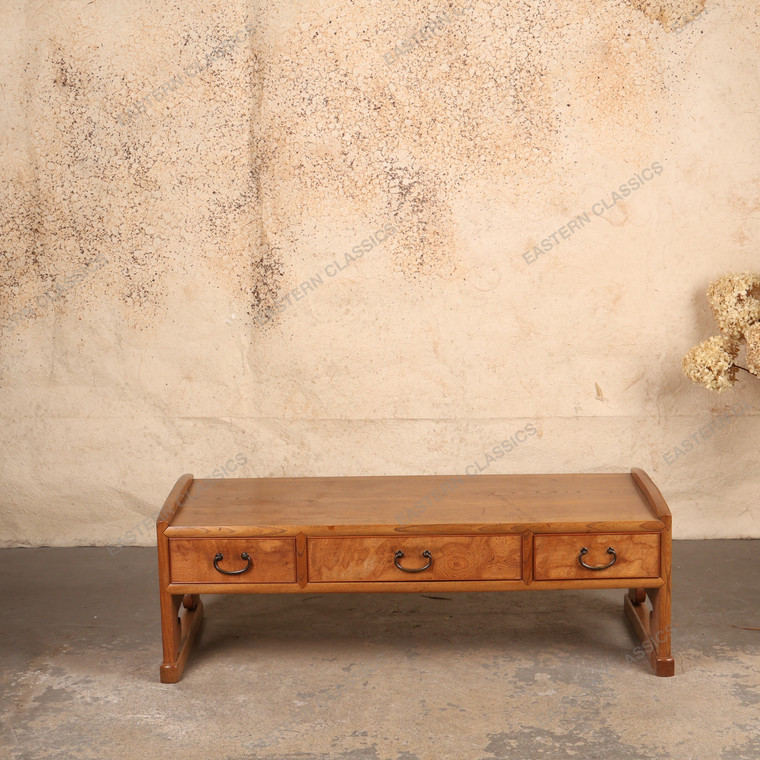 Vintage Japanese Low Floor Desk with Square Inlay End Panels and Scroll Feet Sled Base, Early Showa Period 1927-1945 - 1
