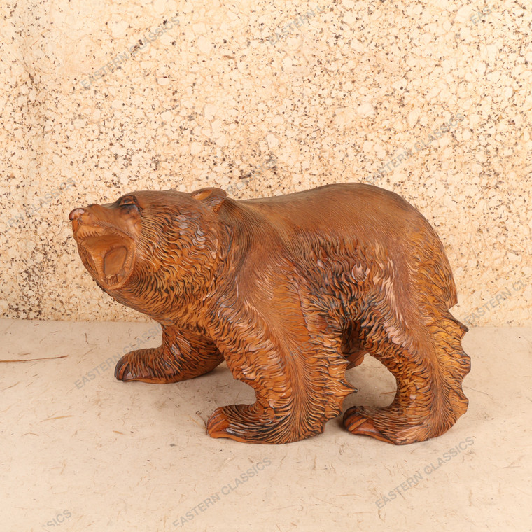 Vintage Japanese Hand-Carved Ainu Bear Sculpture with Roaring Open Mouth and Chisel-Textured Fur, Showa Era, circa 1980s - 1
