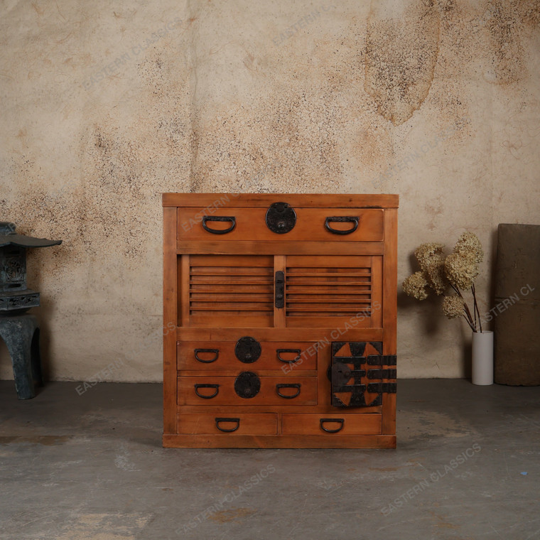Antique Japanese Choba Tansu Merchant Chest with Slatted Sliding Doors and Iron Safe Door, Meiji Period - 1